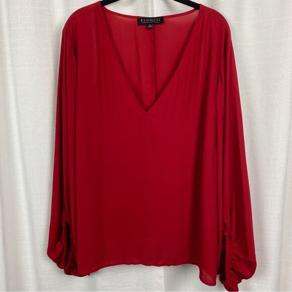Eloquii Red Georgette Drama Sleeve Blouse Sz.26W - Picture 5 of 12